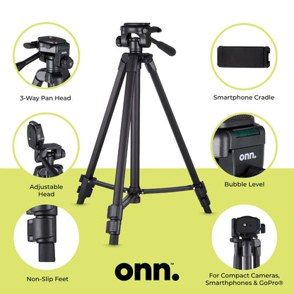 52" Aluminum Compact Camera Tripod Adjustable Height, Light Weight, Mounts for Slr|Camera|Smartphone|Gopro