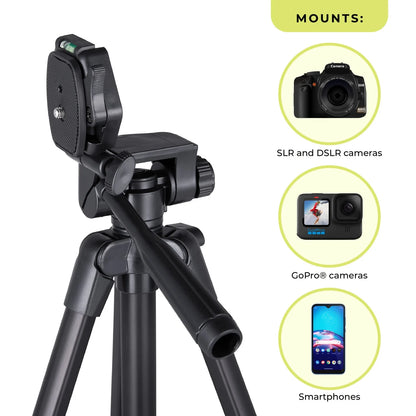 52" Aluminum Compact Camera Tripod Adjustable Height, Light Weight, Mounts for Slr|Camera|Smartphone|Gopro